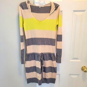 Striped Hooded Dress in Gray, Cream, and Yellow